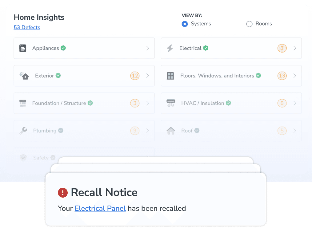 The MyHomeCloud portal showing home insights and notifications about a recall